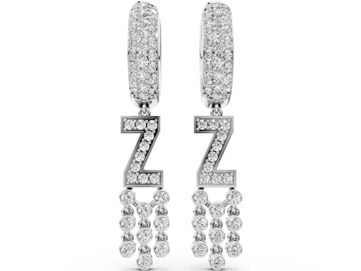Round Diamond Initial Z Huggie Hoop Earrings Platinum