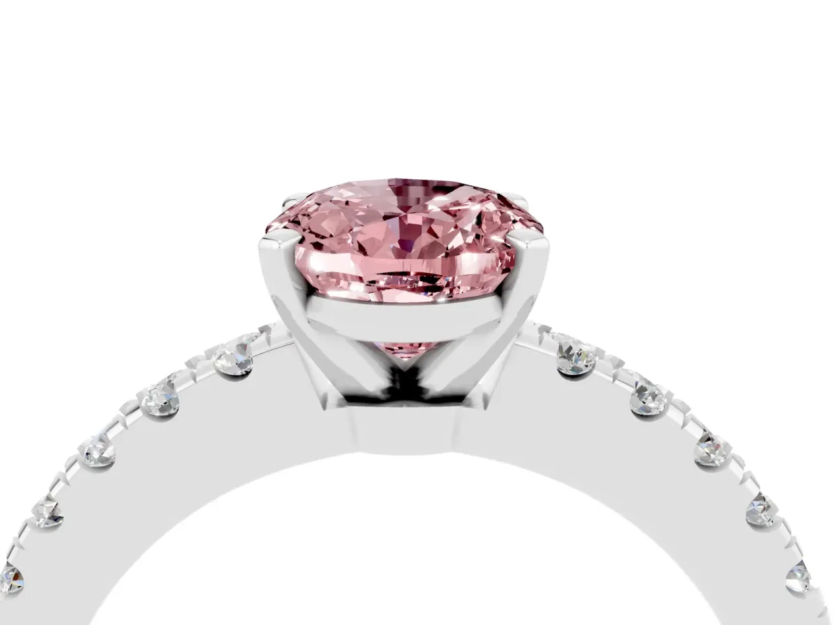 Oval Cut Solitaire Morganite with Pavé Band and Four-Prong Setting Silver