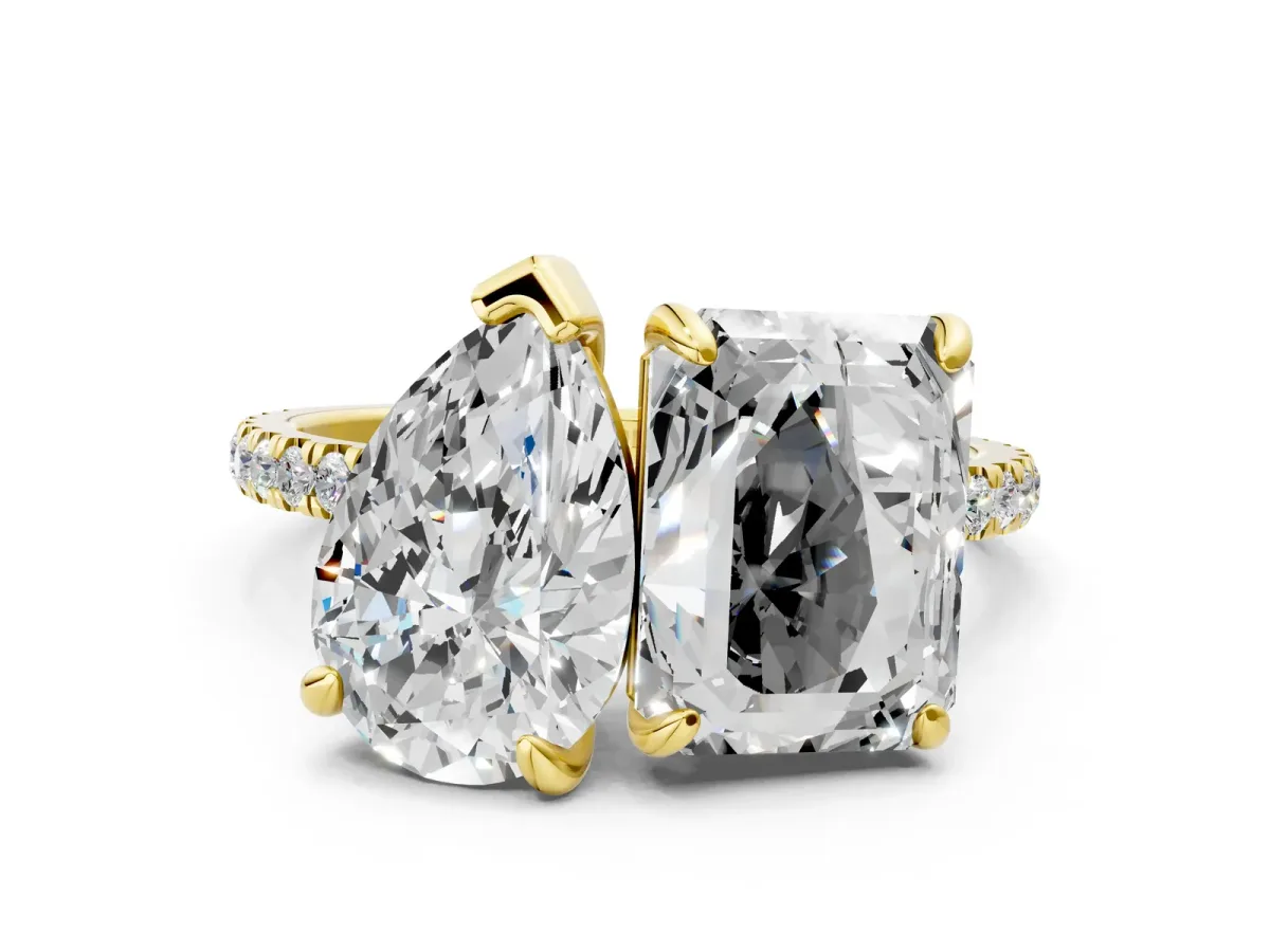 Pear and Emerald Toi Moi Ring with Prong Setting and Micro Pave Band Yellow gold