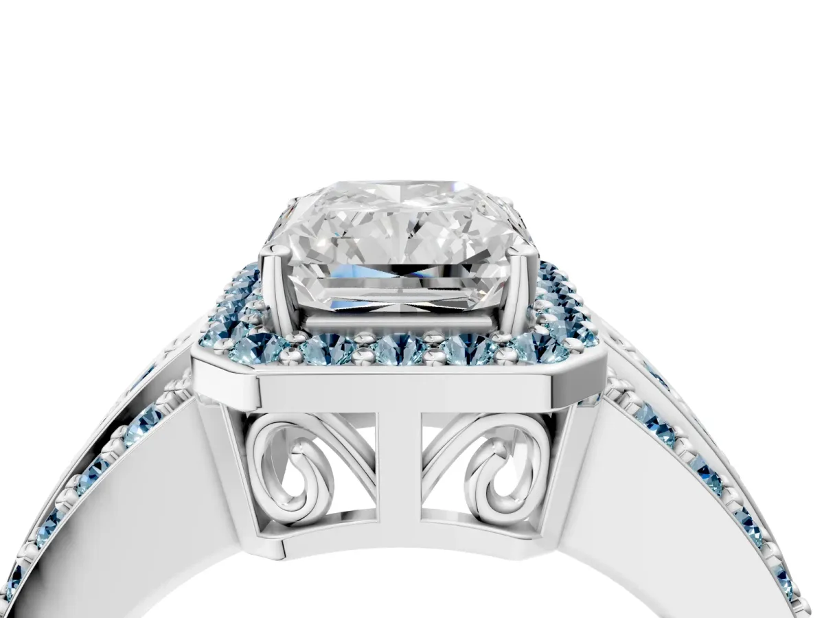 Radiant Cut Halo Diamond Ring with Round Aquamarine Split Shank and Prong Setting Silver