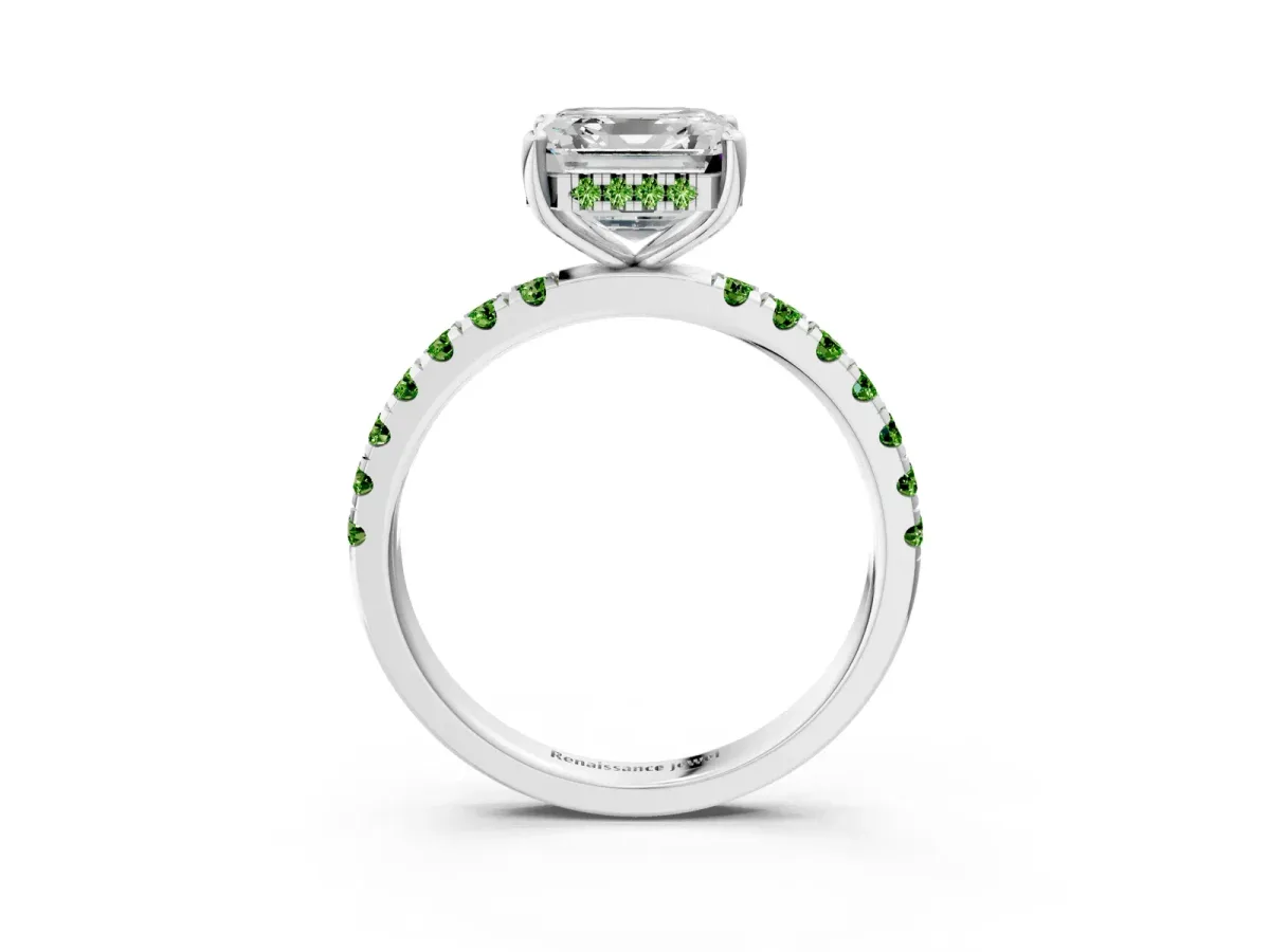 Asscher Cut Diamond Pave Band Solitaire Ring with Round Peridot and Prong Setting Silver