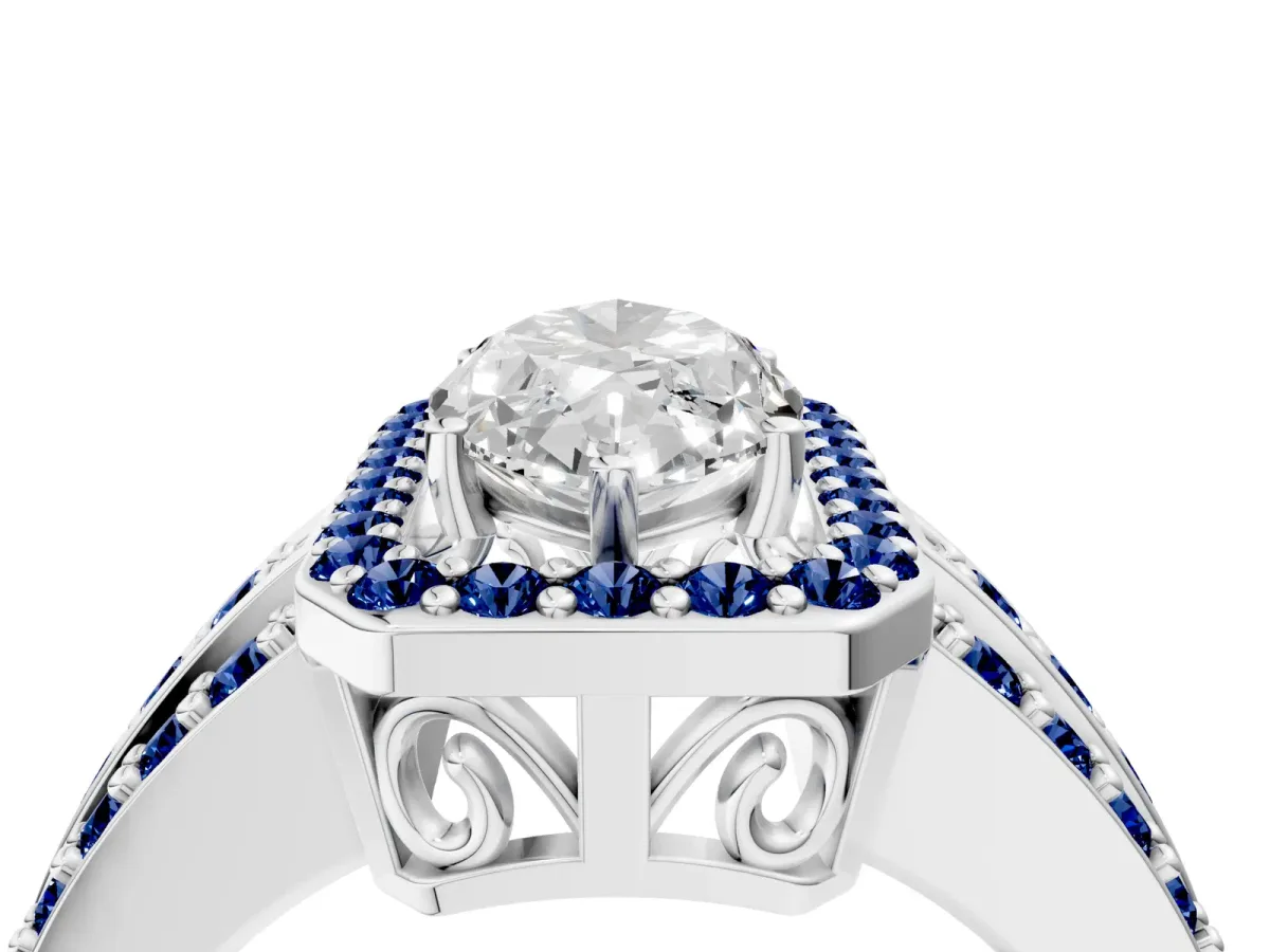 Marquise Cut Halo Diamond Ring with Round Blue Sapphire Split Shank and Prong Setting Silver