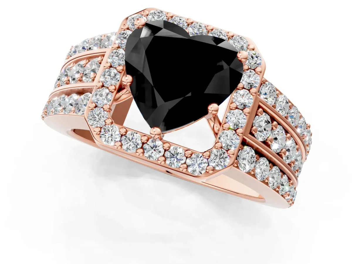 Fancy Black Heart Cut Halo Diamond Ring with Round Split Shank and Prong Setting Rose gold