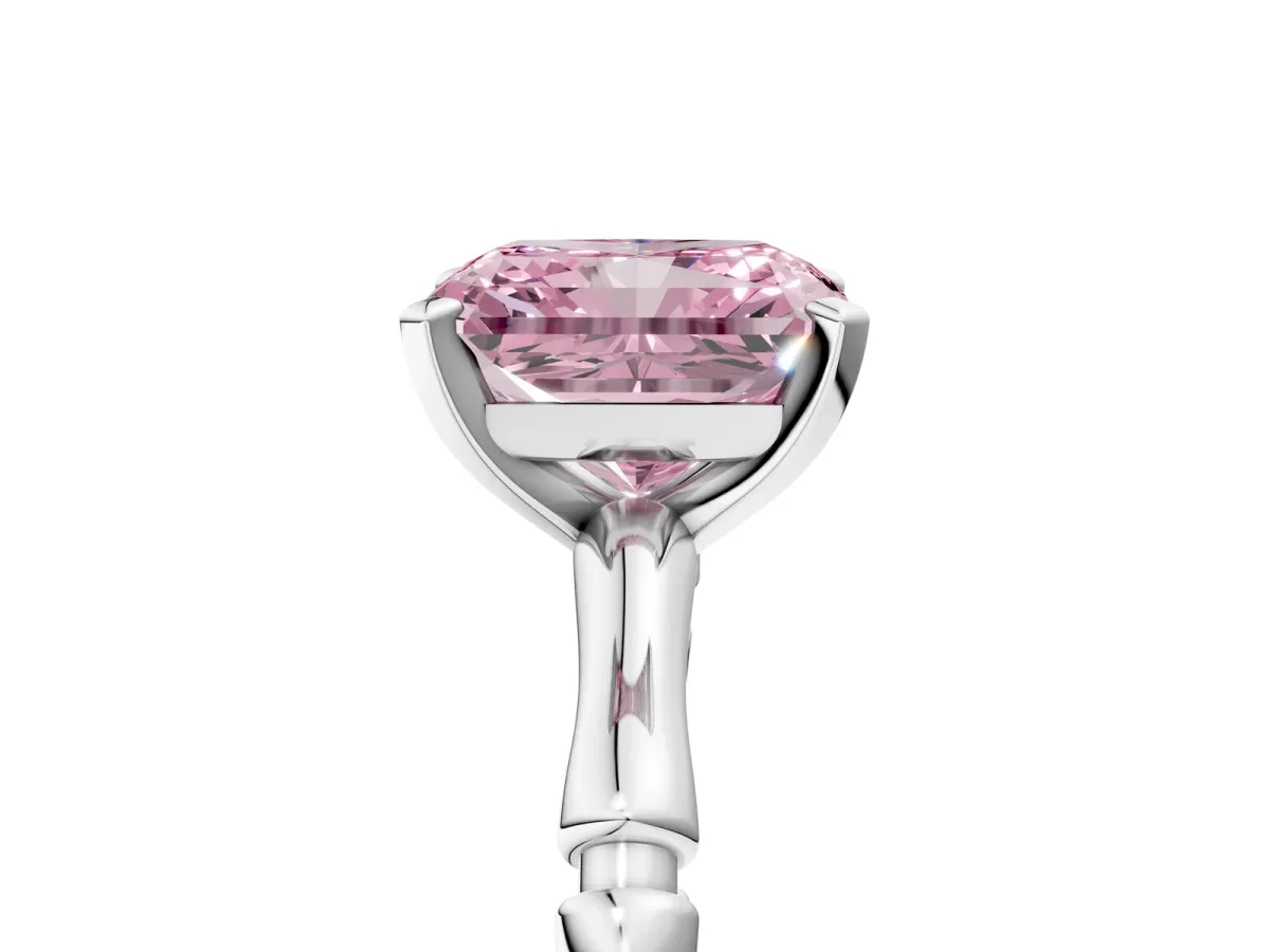 Fancy Pink Radiant Cut Solitaire Diamond Ring with Bamboo Band and Four-Prong Setting Platinum