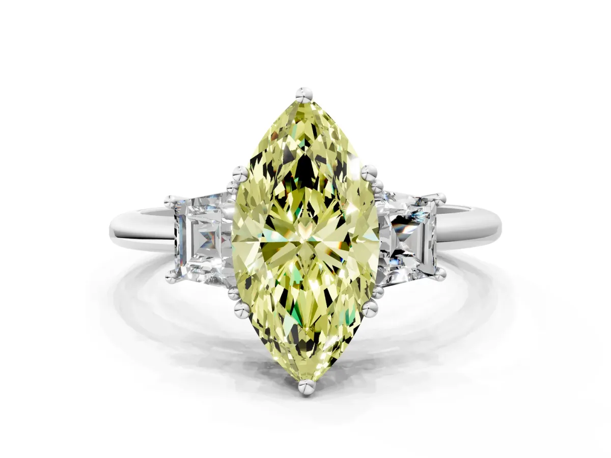 Fancy Yellow Marquise Cut Diamond Three-Stone Ring with Trapezoid Side Stones and Prong Setting Silver