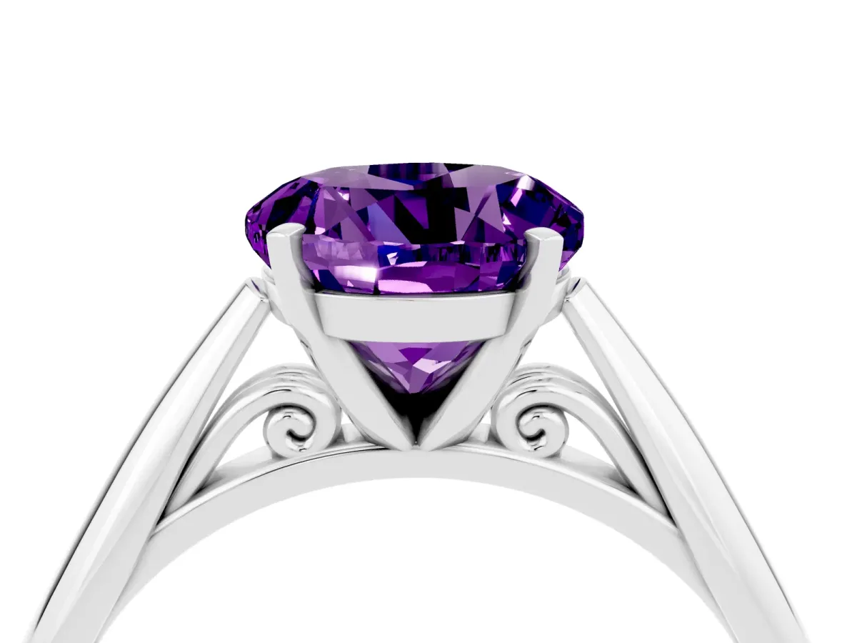 Round Cut Amethyst Solitaire Engagement Ring with Cathedral Setting and Four-Prong Mount White gold