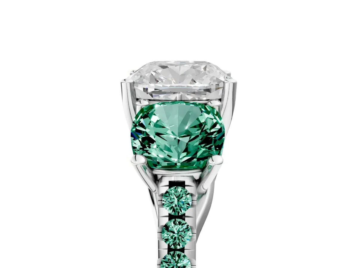 Three-Stone Cushion Cut Diamond Ring with Round Green Sapphire Pavé Band and Prong Setting Silver