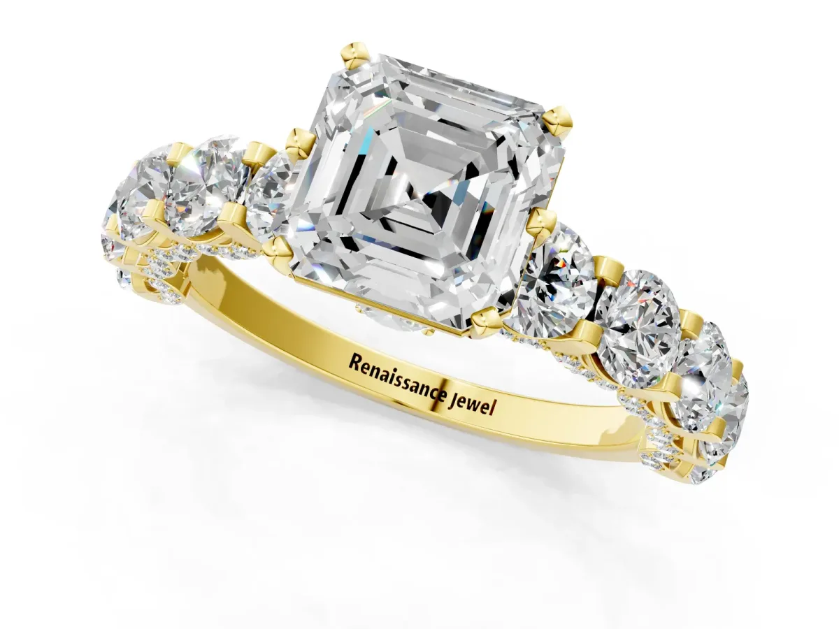 Asscher Cut Diamond Side Stone Engagement Ring with Four-Prong Setting Yellow gold