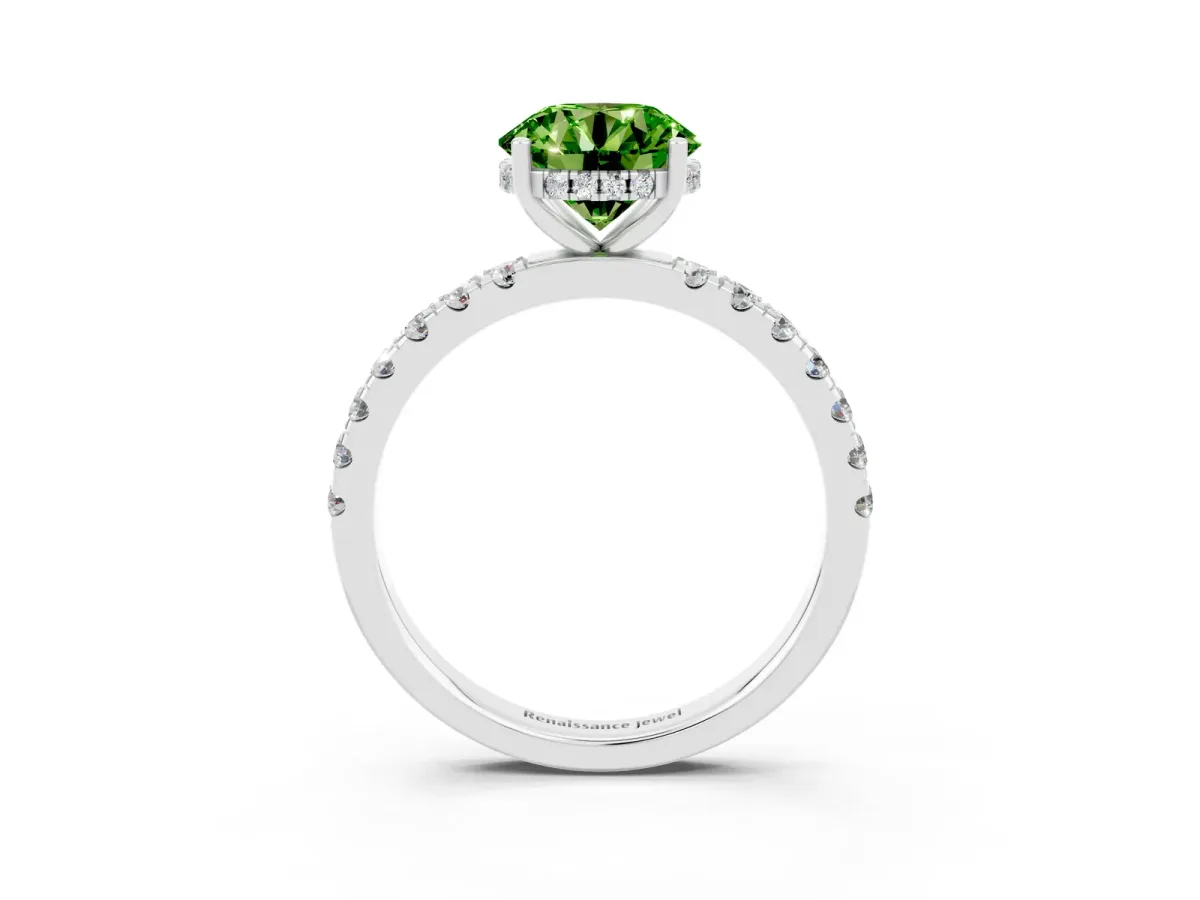 Round Cut Peridot Pave Band Solitaire Ring with Round and Prong Setting Silver