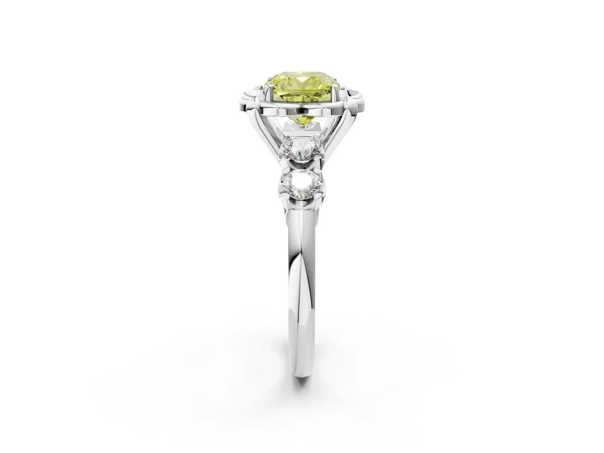 Fancy Yellow Cushion Cut Cut Diamond Floral Halo Engagement Ring with Shared Prong Setting Silver