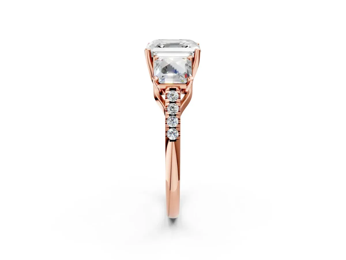 Three-Stone Asscher Cut Diamond Ring with Round Pavé Band and Prong Setting Rose gold