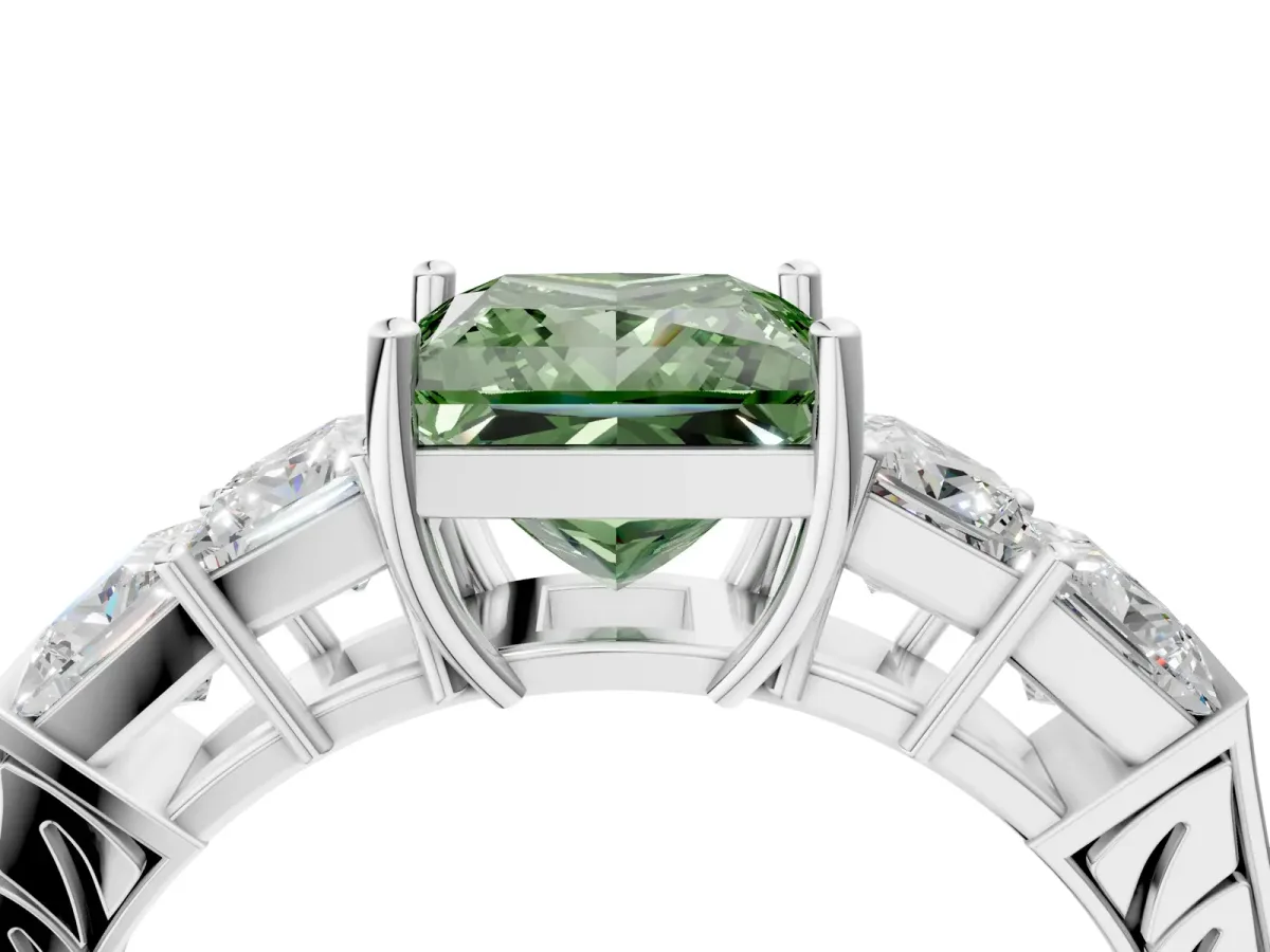 Fancy Green Princess Cut Solitaire Princess Side Stone Engraved Band Prong Setting Ring Silver