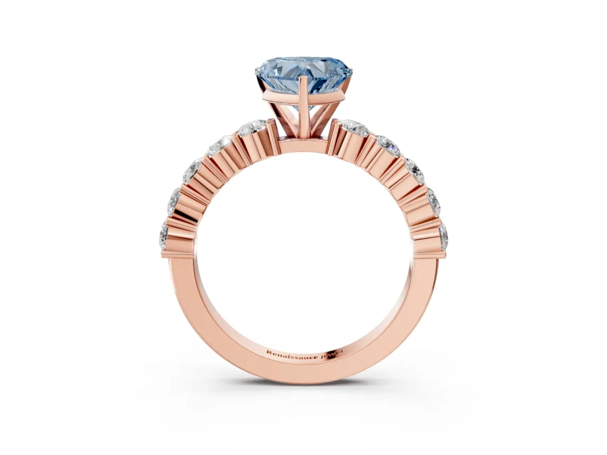 Fancy Blue Heart Cut Diamond Solitaire Ring with Shared Prong Round Side Stones Rose gold