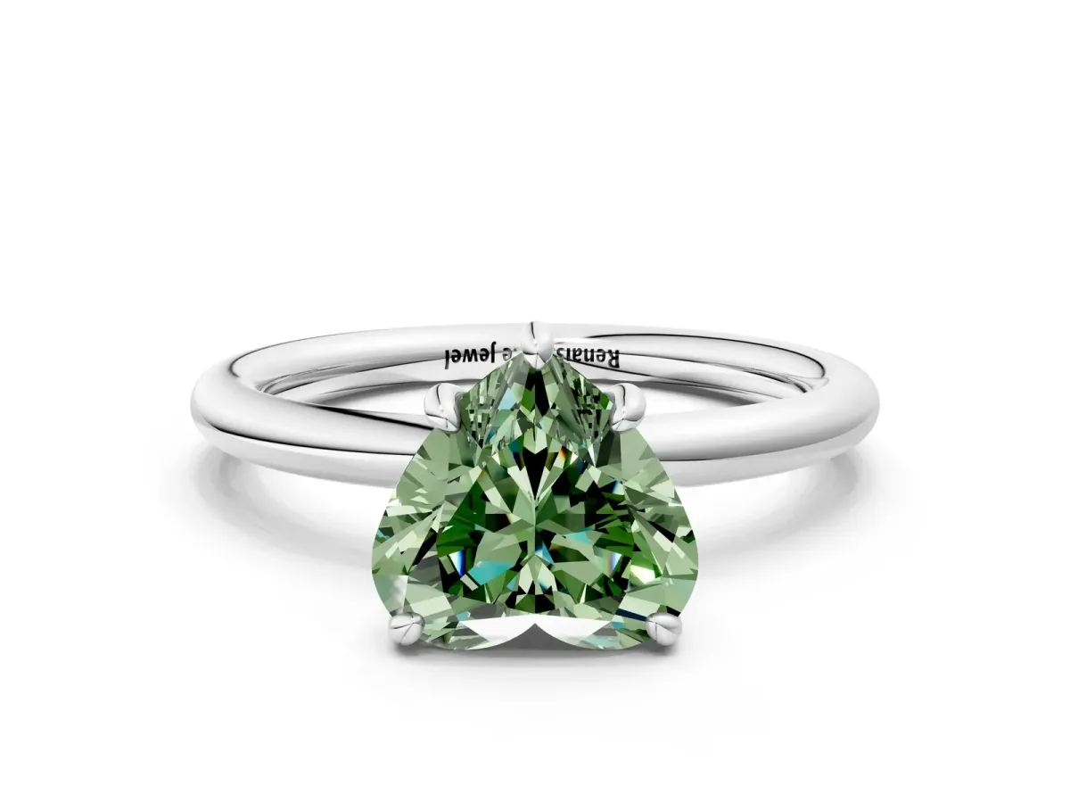 Fancy Green Heart Cut Solitaire Diamond Ring with Four-Prong Setting on a Plain Band Platinum