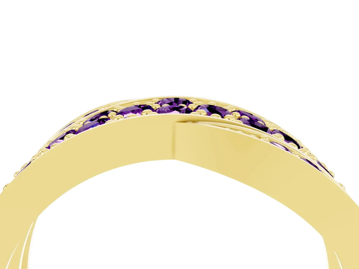 Pavé Round Amethyst Crossover Band with Bead Prong Setting Yellow gold