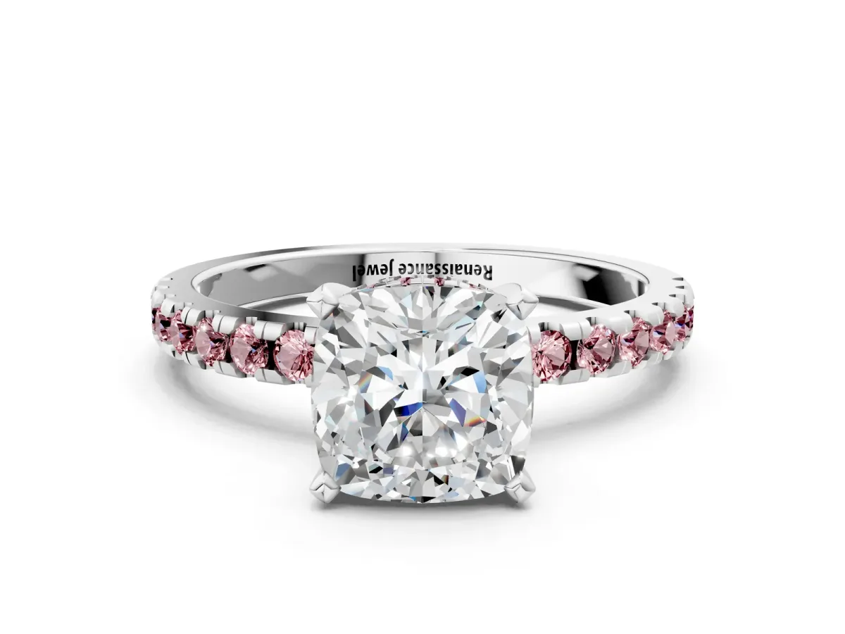 Cushion Cut Diamond Solitaire Ring with Round Morganite Pavé Band and Four-Prong Setting Silver