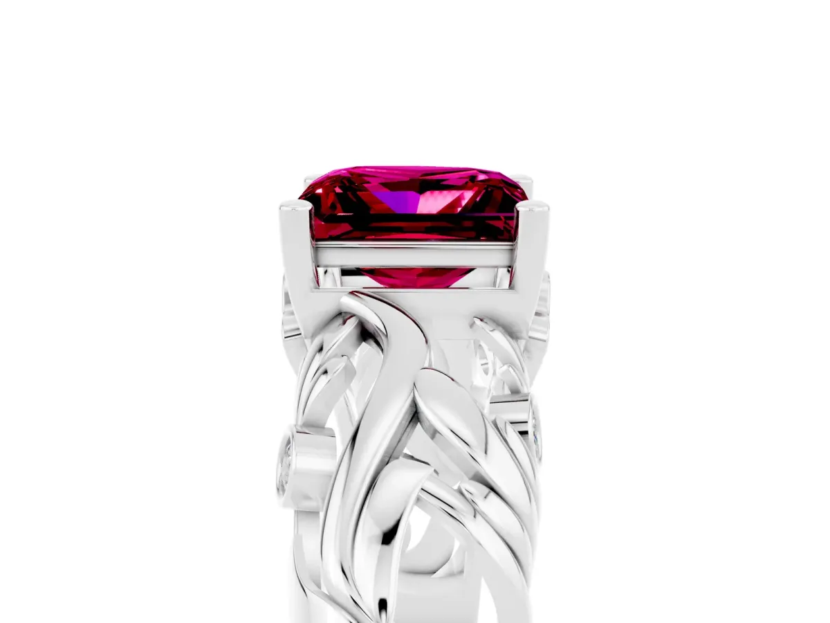 Princess Cut Solitaire Garnet Leaf-Inspired Vine Band Ring with Prong Setting White gold