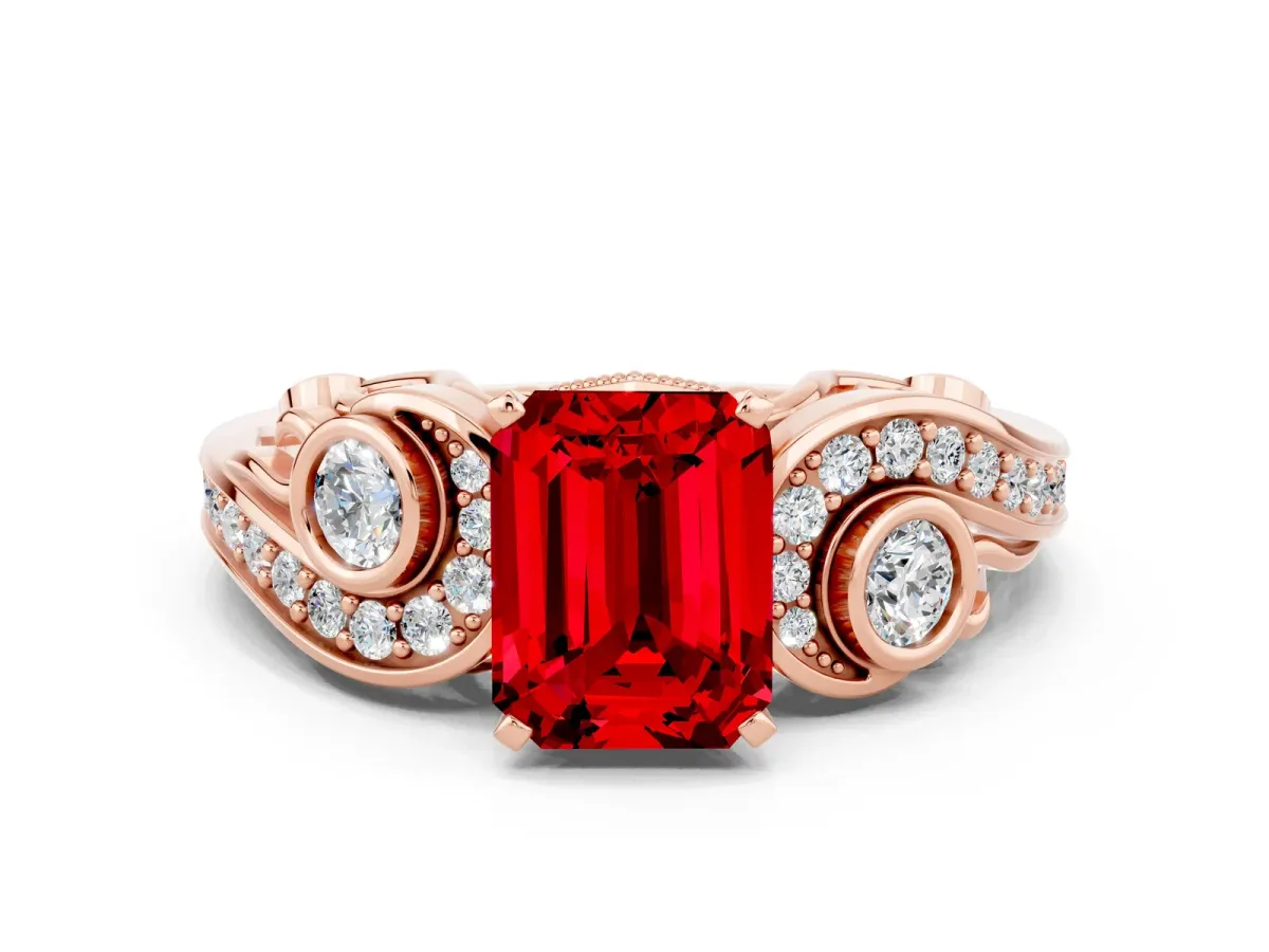 Emerald Cut Ruby Solitaire Ring with Milgrain Pavé Band and Four-Prong Setting Rose gold