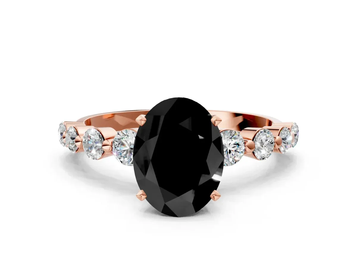 Fancy Black Oval Cut Solitaire Diamond Ring with Pave Band and Four-Prong Setting Rose gold