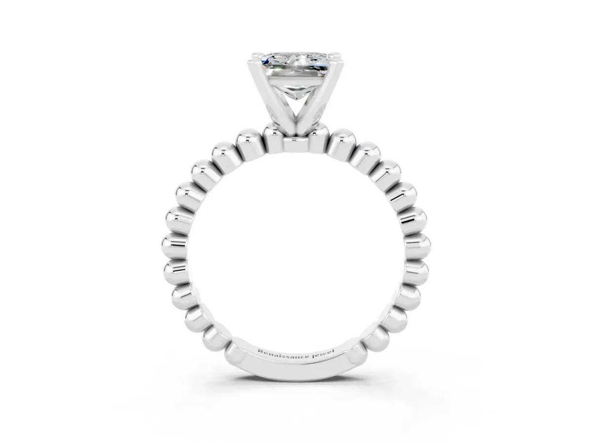 Princess Cut Moissanite Solitaire Ring with Beaded Band and Prong Setting Platinum