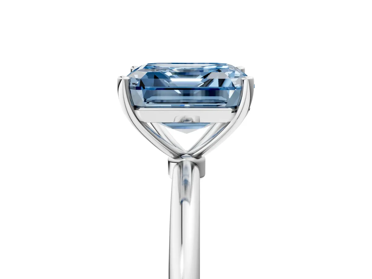 Fancy Blue Asscher Cut Cut Solitaire Engagement Ring with Thin Band and Four-Prong Setting Platinum