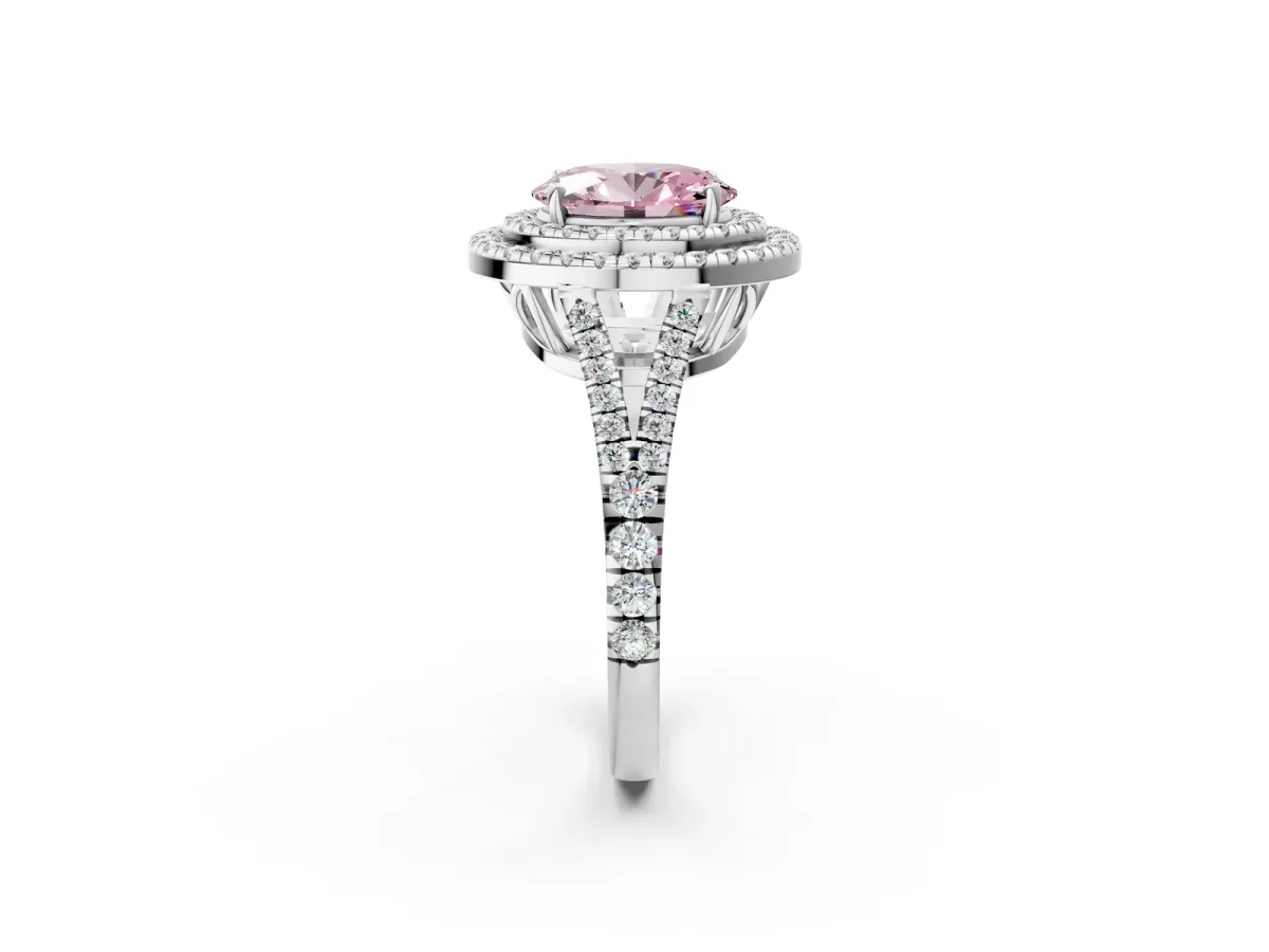 Fancy Pink Oval Cut Diamond Double Halo Ring with Pavé Band and Prong Setting Silver