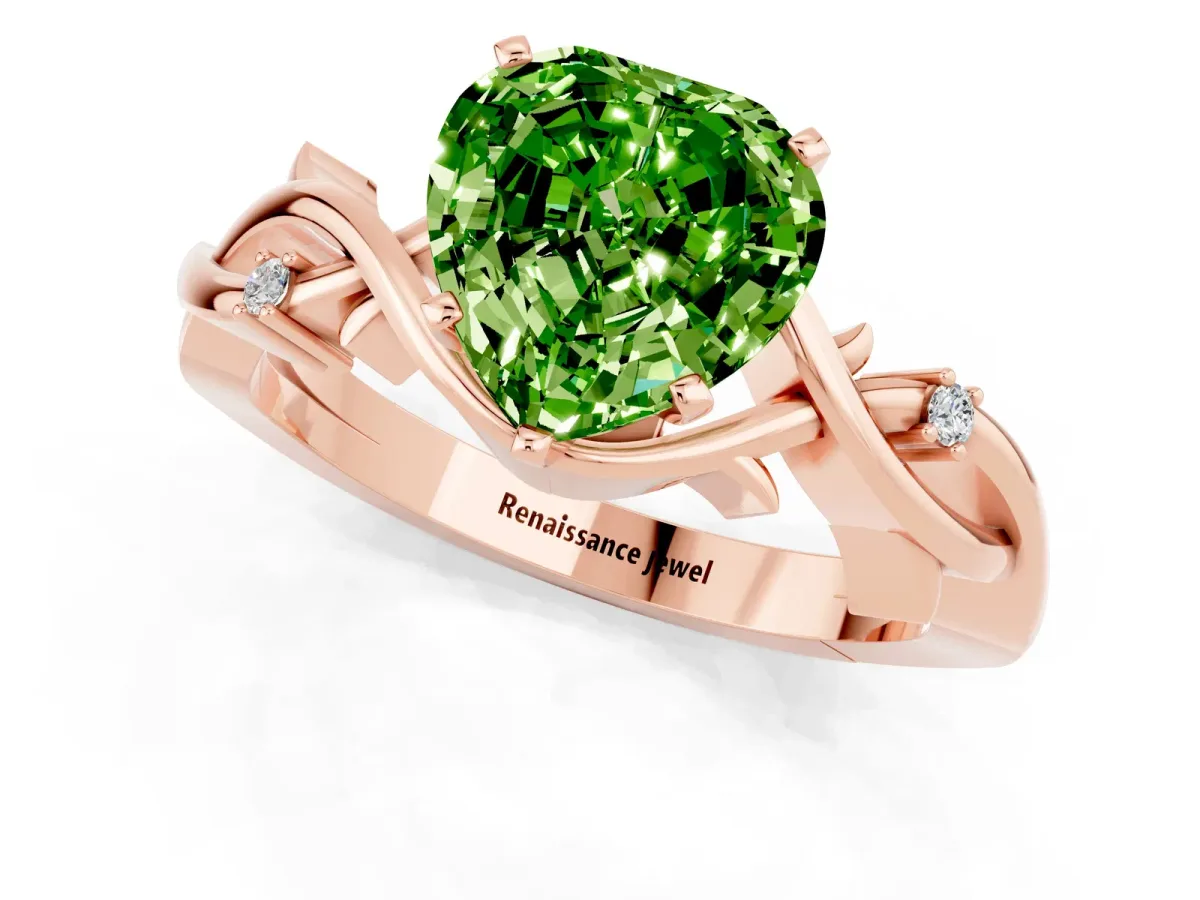 Heart Cut Peridot Solitaire Ring with Twisted Band and Prong Setting Rose gold