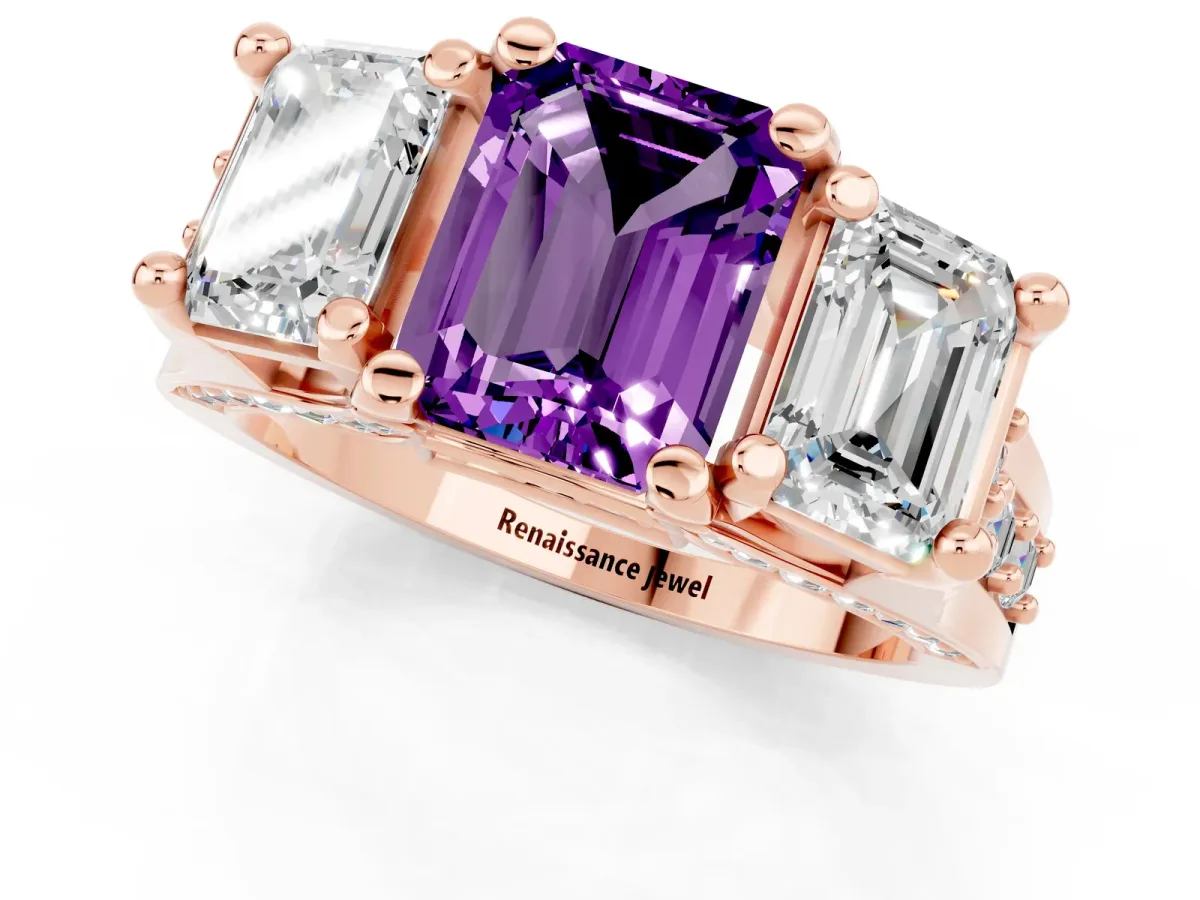 Emerald Cut Amethyst Three-Stone Ring with Channel Set Band and Four-Prong Setting Rose gold