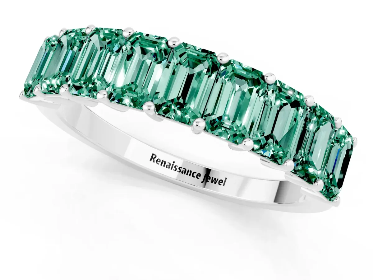 Emerald Cut Green Sapphire Prong-Set Eternity Band White gold