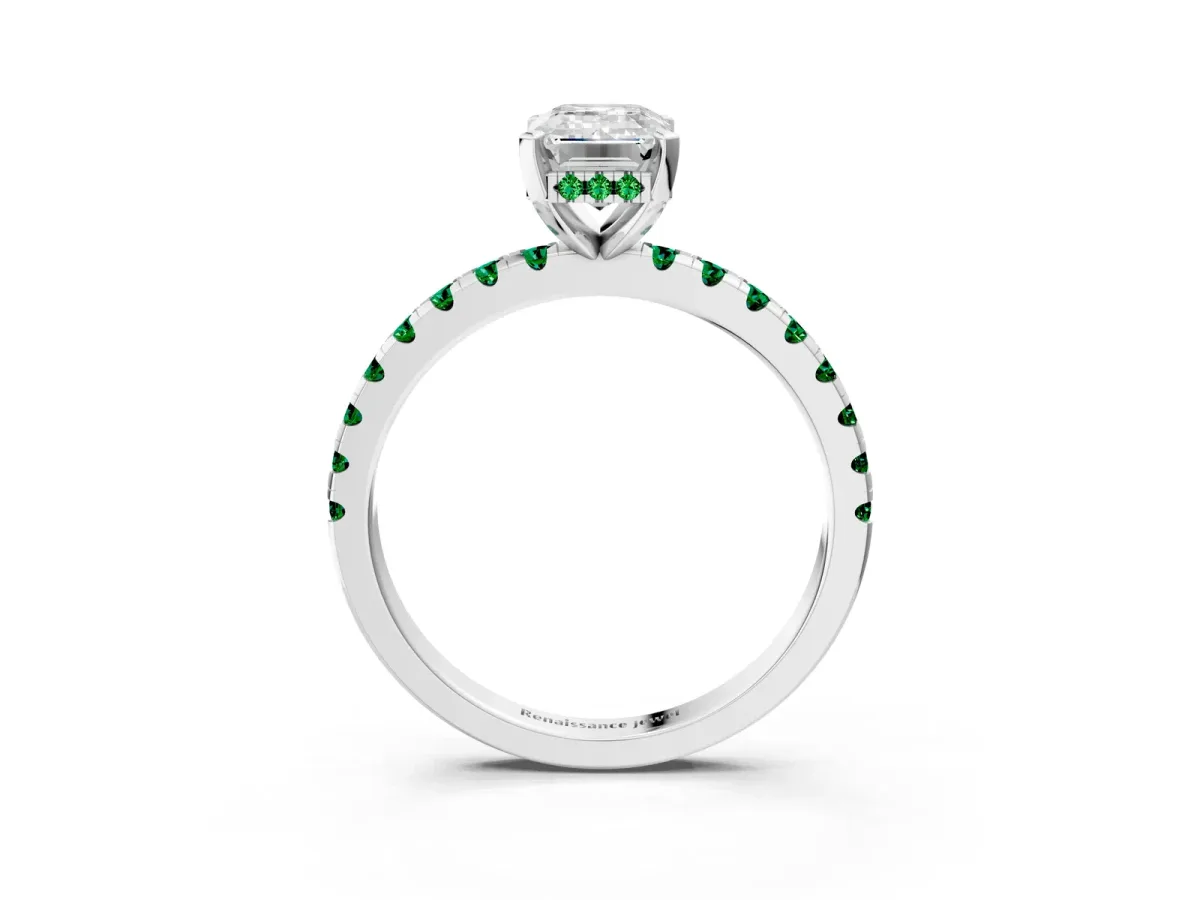 Emerald Cut Diamond Solitaire Ring with Round Emerald Pavé Band and Four-Prong Setting Silver