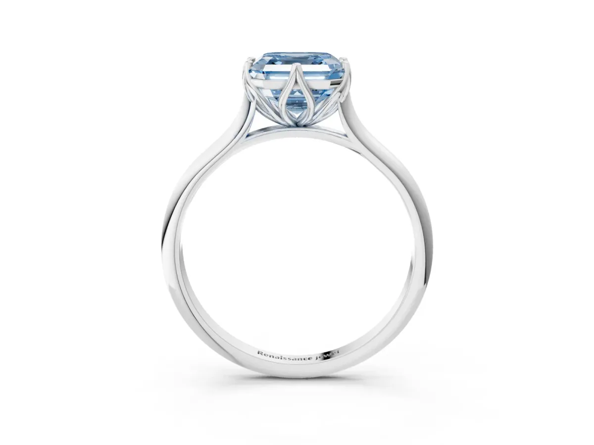 Fancy Blue Asscher Cut Solitaire Cathedral Diamond Ring with Six-Prong Setting Platinum