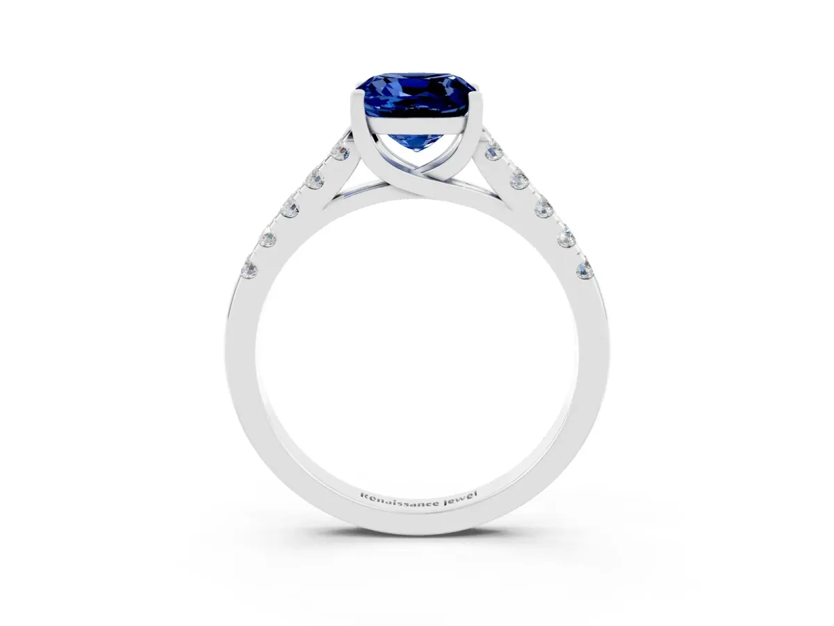 Cushion Cut Blue Sapphire Pavé Band Solitaire Ring with Prong Setting Platinum