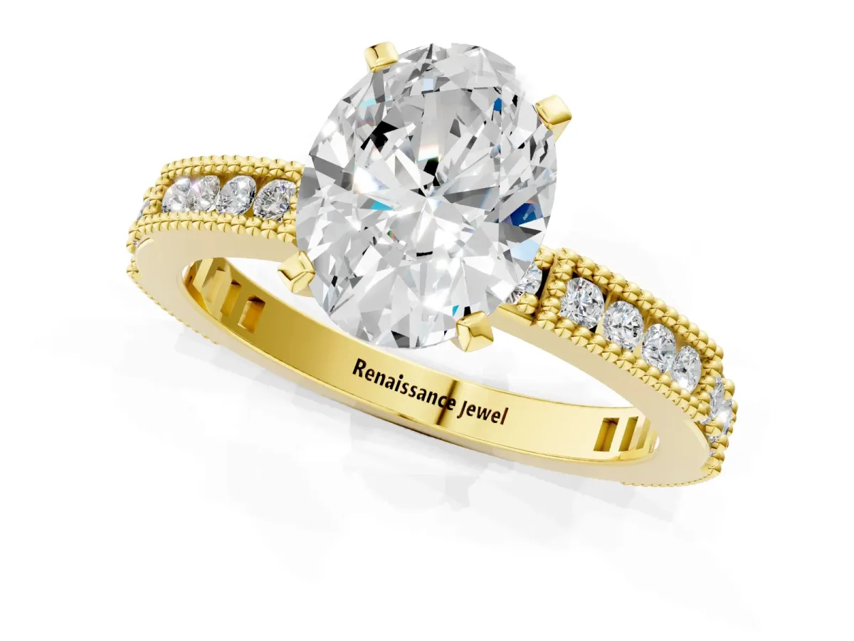 Oval Cut Solitaire with Pavé Band and Four-Prong Setting Yellow gold