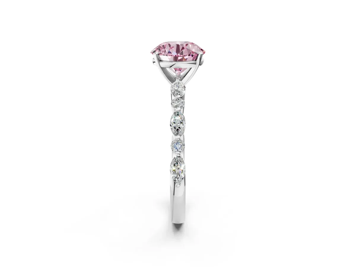 Fancy Pink Round Cut Diamond Ring with Marquise and Round Side Stones and Four-Prong Setting Silver