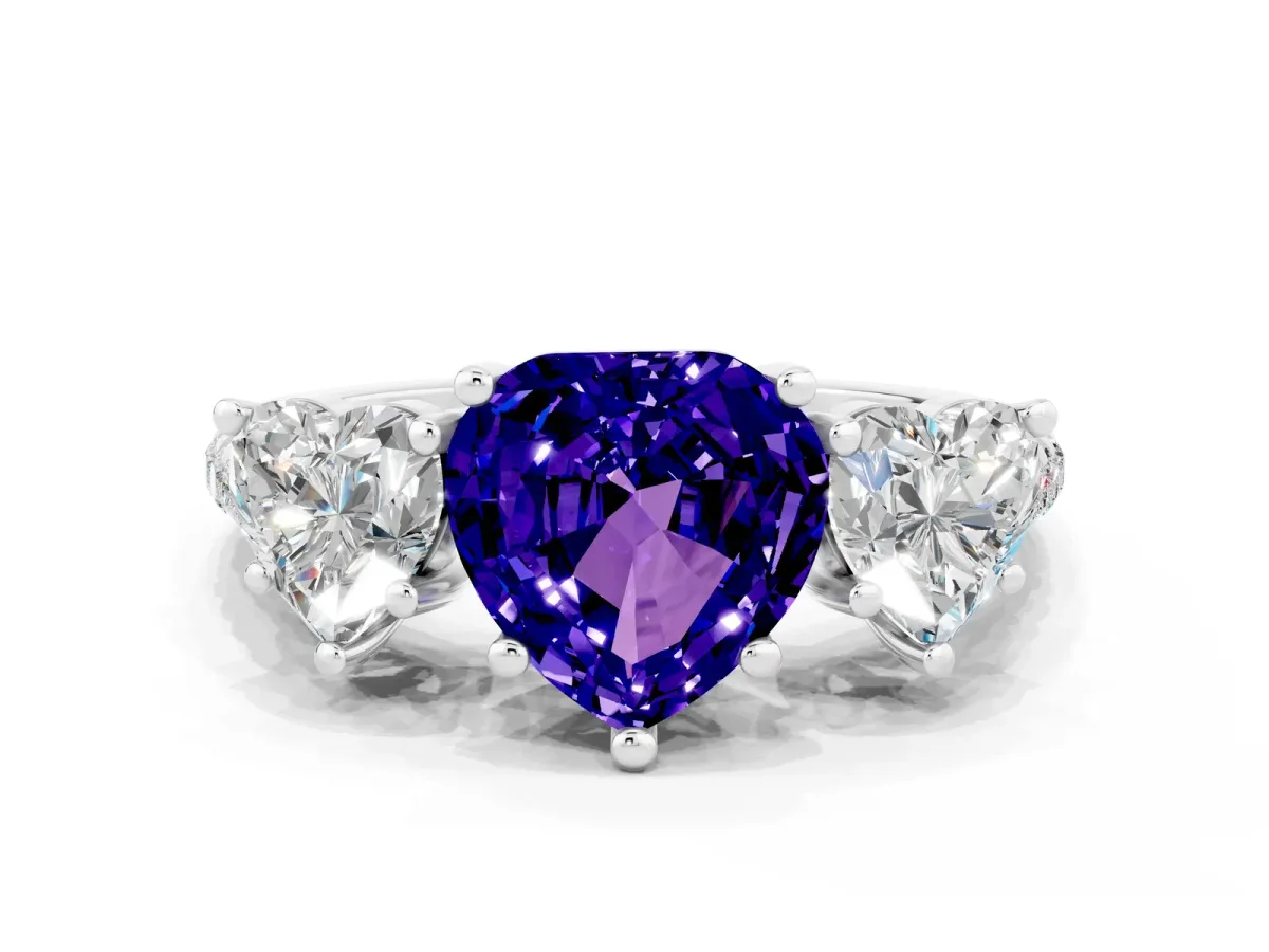 Three-Stone Heart Cut Tanzanite Ring with Round Pavé Band and Prong Setting Silver