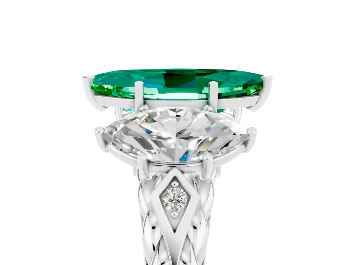 Three-Stone Marquise Cut Emerald Braided Band Ring with Four-Prong Setting White gold