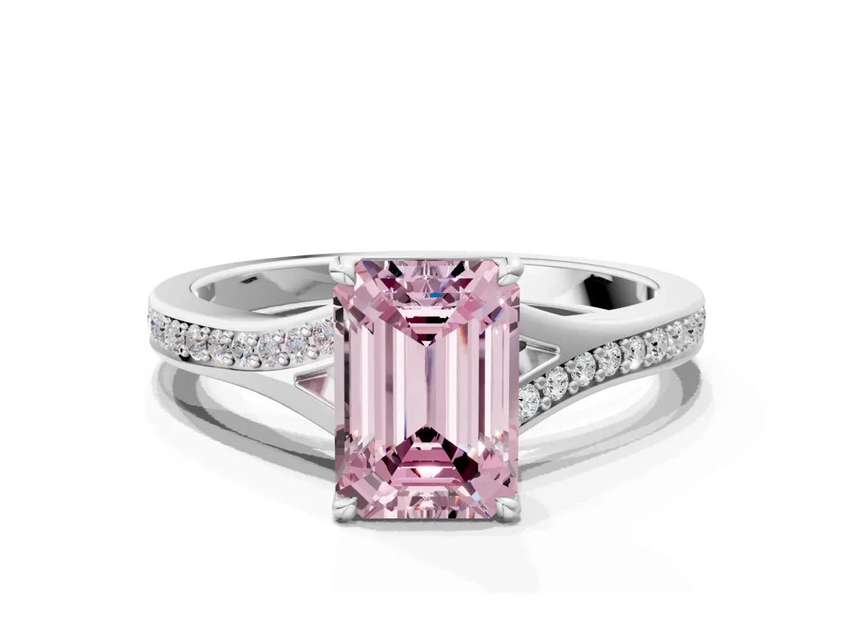 Fancy Pink Emerald Cut Diamond Solitaire Ring with Pavé Band and Prong Setting Silver