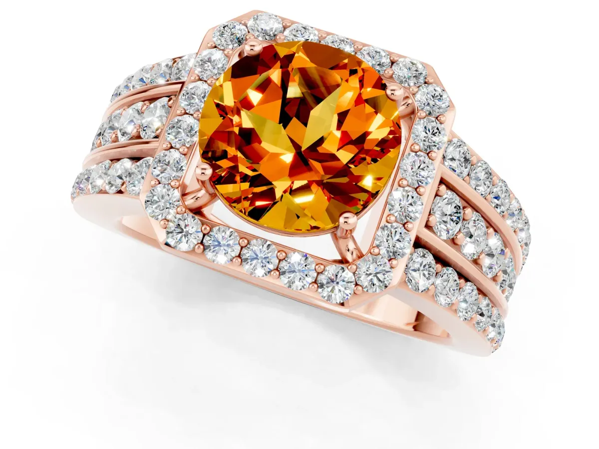 Round Cut Halo Citrine Ring with Round Split Shank and Prong Setting Rose gold