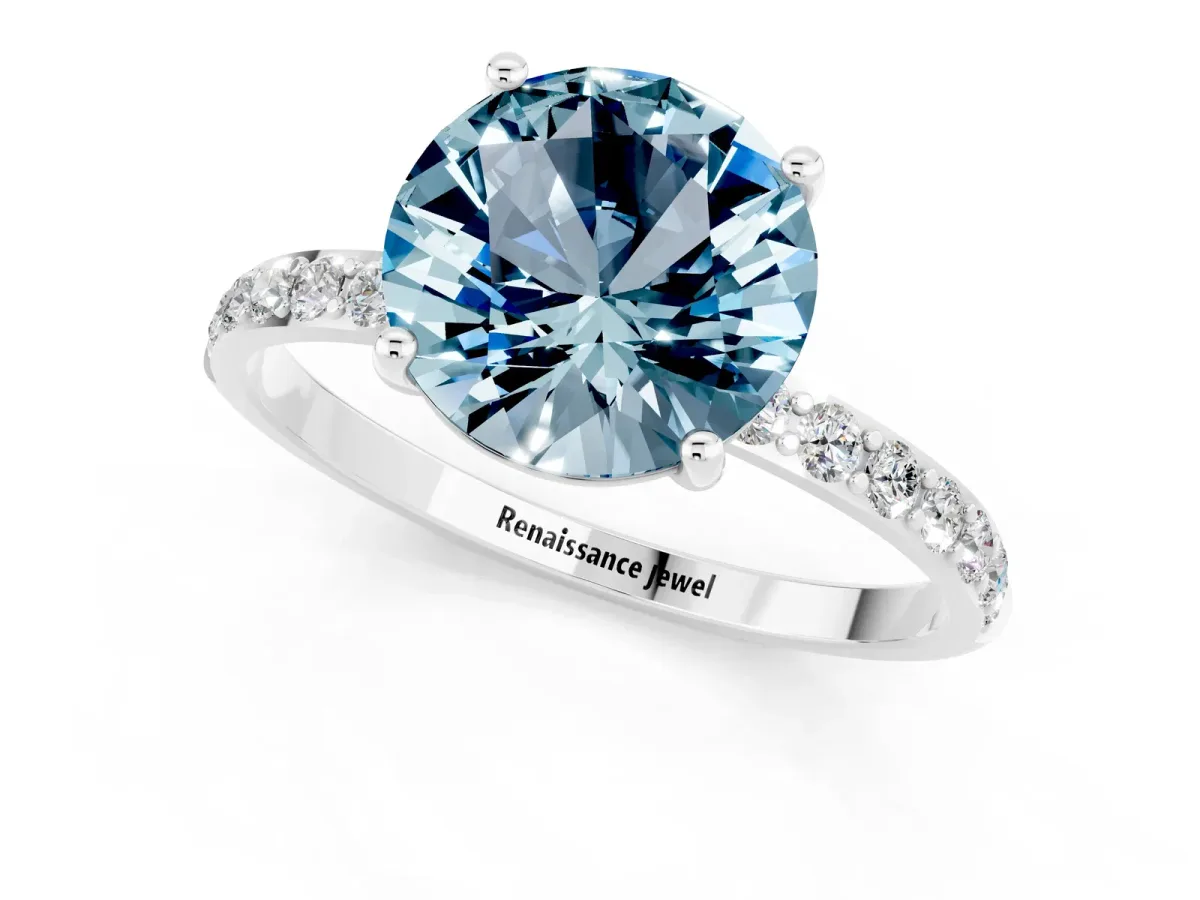 Round Cut Aquamarine Solitaire Ring with Round Pavé Band and Prong Setting Silver