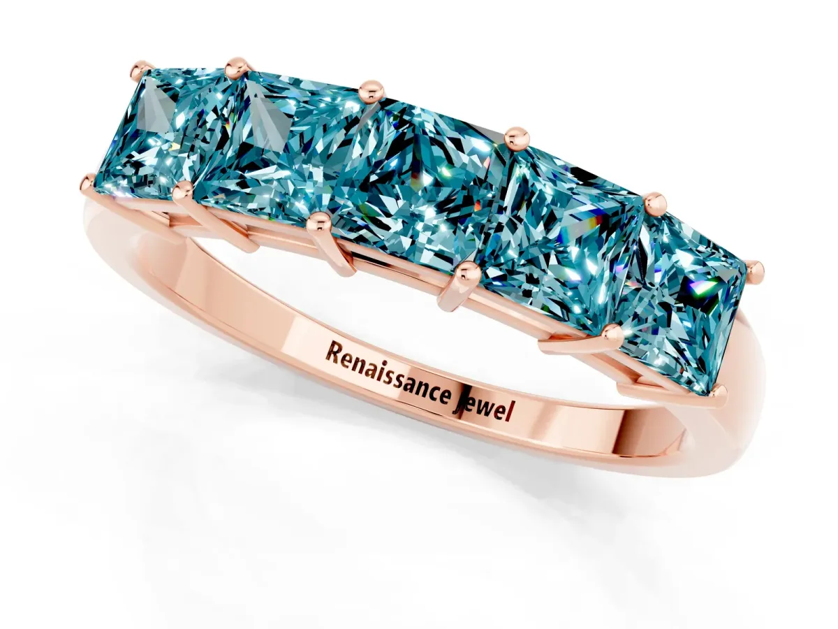Princess Cut Five-Stone Blue Topaz Band with Prong Setting Rose gold