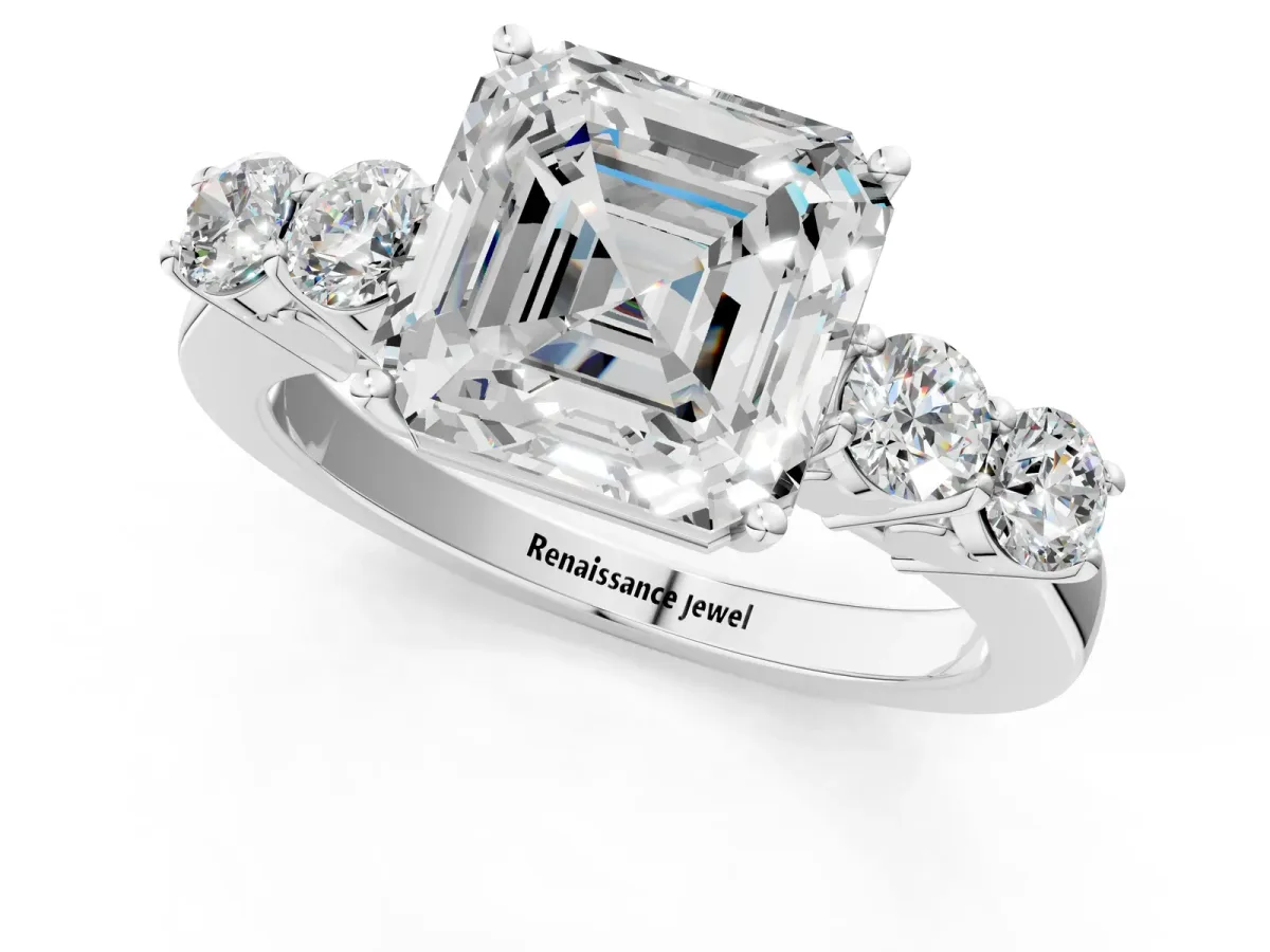 Asscher Cut Cut Diamond Five-Stone Prong Set White Gold Ring Platinum