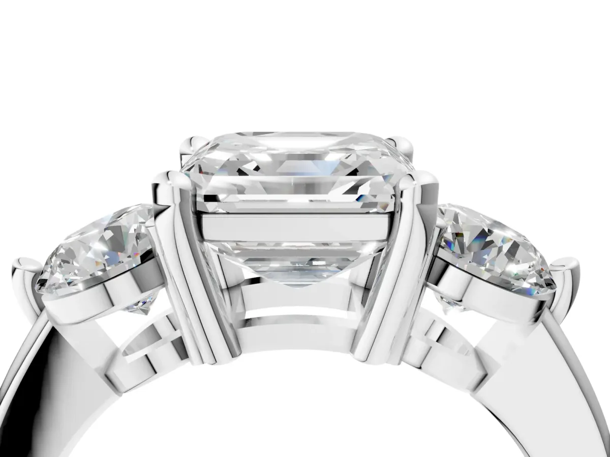 Three-Stone Asscher Cut Brilliant Cut Solitaire Ring with Prong Setting on a Classic Band Platinum