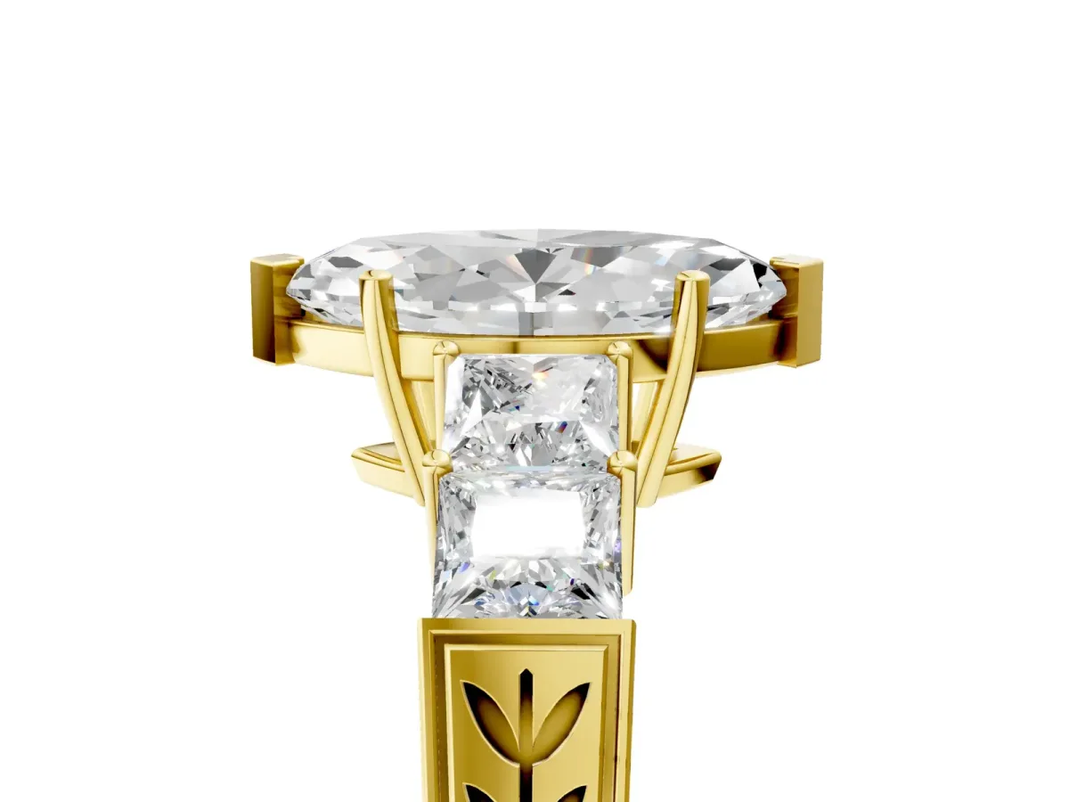 Marquise Cut Solitaire Princess Side Stone Engraved Band Prong Setting Ring Yellow gold