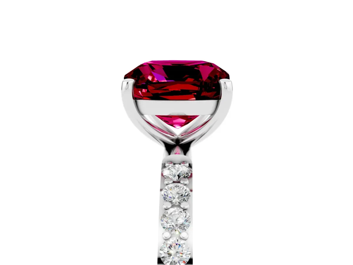 Cushion Cut Garnet Solitaire Ring with Round Pavé Band and Prong Setting Silver