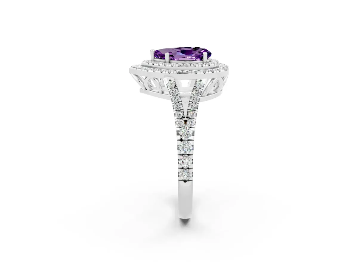 Pear Cut Amethyst Double Halo Ring with Pavé Band and Prong Setting Silver