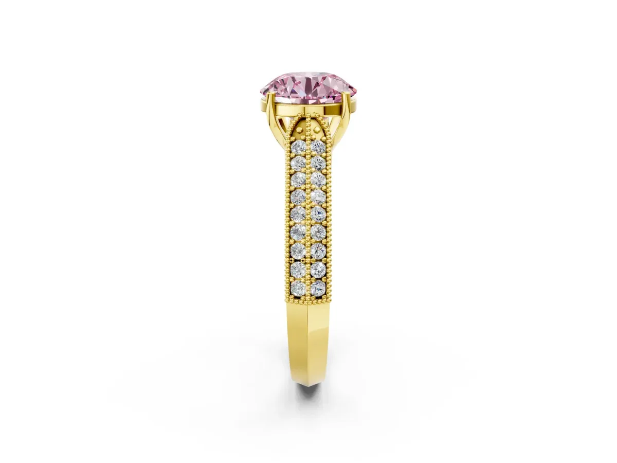 Fancy Pink Round Cut Cut Pave Split Shank Engagement Ring with Four-Prong Setting Yellow gold