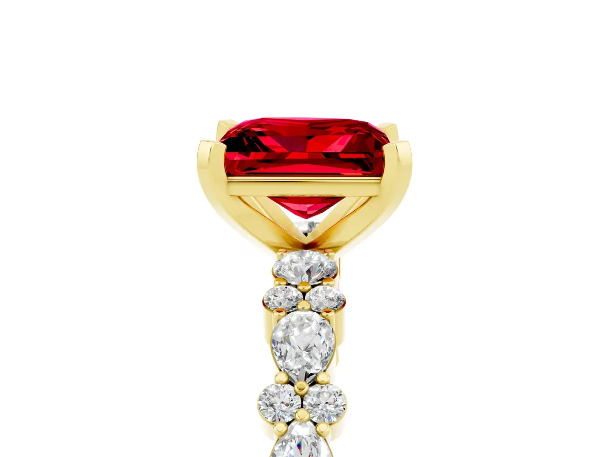 Princess Cut Ruby Side Stone Solitaire Ring with Round and Four-Prong Setting Yellow gold