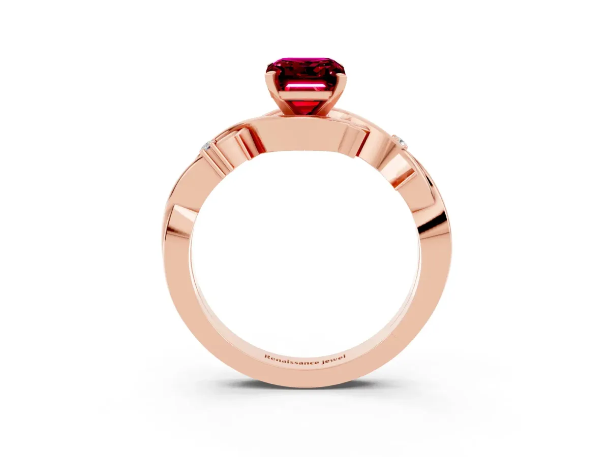 Emerald Cut Garnet Solitaire Ring with Twisted Band and Prong Setting Rose gold
