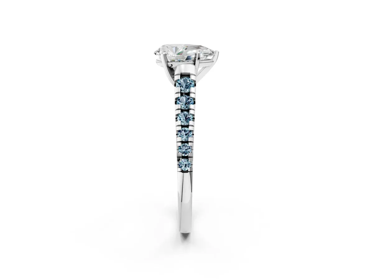 Pear Cut Diamond Cathedral Solitaire Ring with Round Aquamarine Pavé Band Silver
