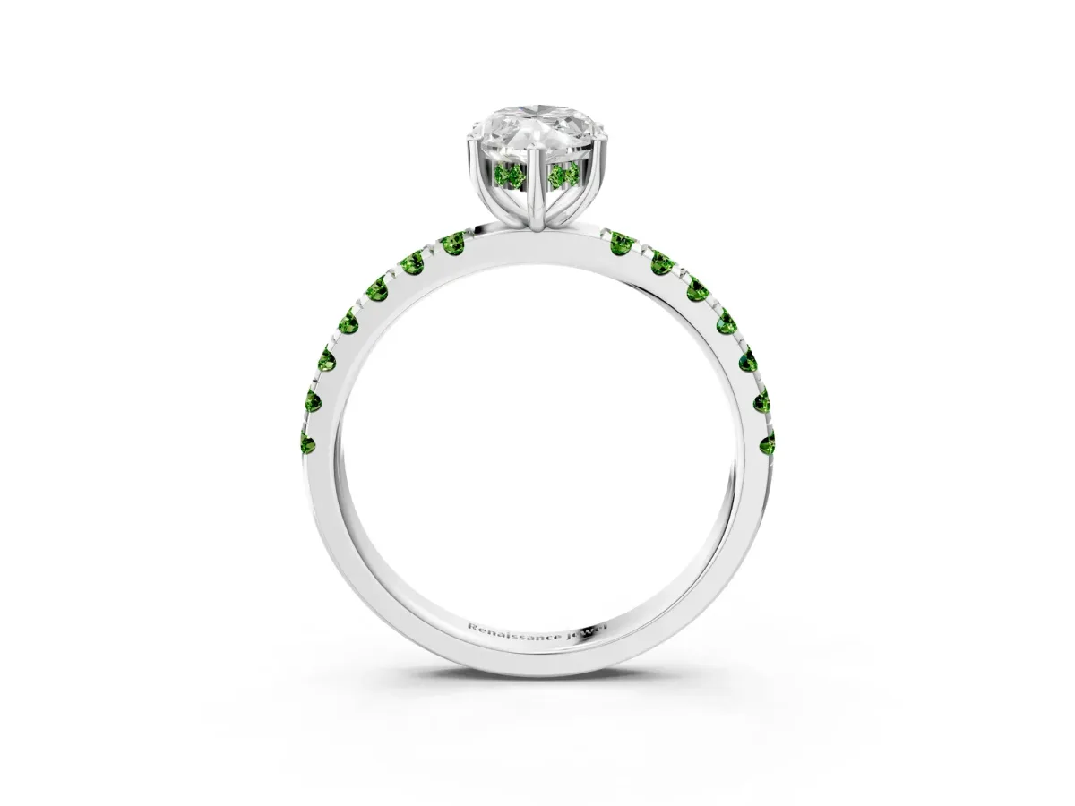 Marquise Cut Diamond Pave Band Solitaire Ring with Round Peridot and Prong Setting Platinum